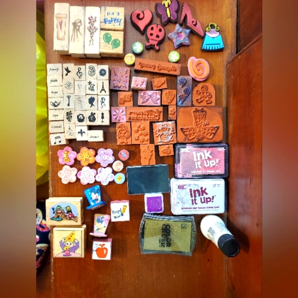 74 ink stamps various styles and various ink stamp pads, new ink refill bottle